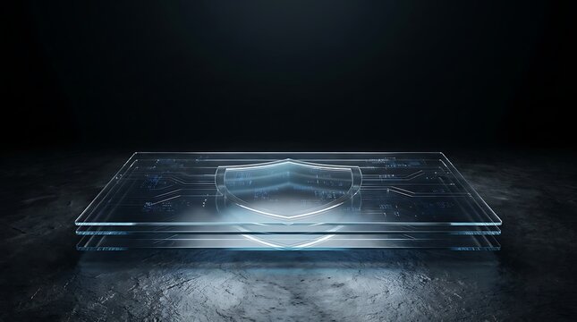 Digital data flow in futuristic cyber interface with glowing blue waves on dark reflective surface