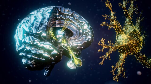 Conceptual 3D animation of the brain generating dopamine molecules in the pituitary gland