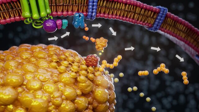 Conceptual 3D animation of adrenaline triggering fat breakdown in an adipocyte cell