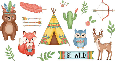 Cute Tribal Woodland Animal Vector Element Set with Teepee Tent, Boho Forest Characters, Arrows, Cactus, and Native American Inspired Nursery Decor Illustrations © Ismail