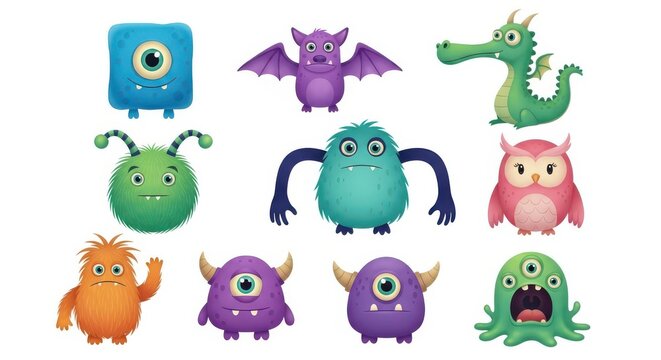 Set of Cute and Colorful Cartoon Monsters and Fantasy Creatures Isolated on White Background for Children's Graphic Design