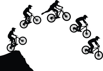 Obraz premium Mountain biker silhouette sequence performing downhill jump trick over cliff isolated on gray background for extreme sports design