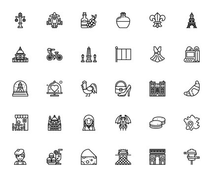 France icon set. French vector icons pack. Minimalist thin line web icons. Featuring Eiffel tower, baguette, croissant, wine, perfume, Louvre, Arc de triomphe, macarons, fleur de lis, bicycle, and mor