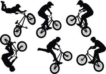 Fototapeta premium Collection of BMX freestyle rider silhouettes performing airborne bicycle tricks and stunt actions isolated on background