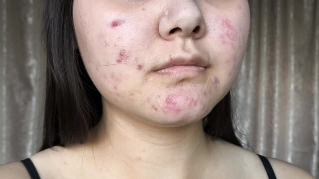 Acne, acne, redness on teenage facial skin. Problem skin in a teenage girl