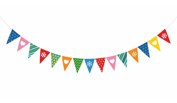Festive pennant flag garland with geometric patterns and heart and snowflake cutouts in arc shape vector illustration