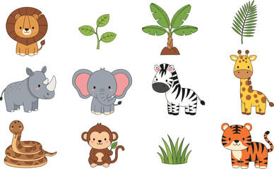 Fototapeta premium Cute Safari Animal Vector Set with Cartoon Jungle Wildlife and Tropical Plants Elements for Nursery Design, Kids Prints, and Educational Activities