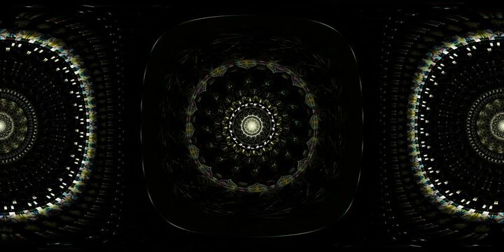 Equirectangular VR 360 sacred geometry mandala environment map crafted as HDRI spherical spiritual loop for dome projection, immersive metaverse experiences and powerful VJ visuals