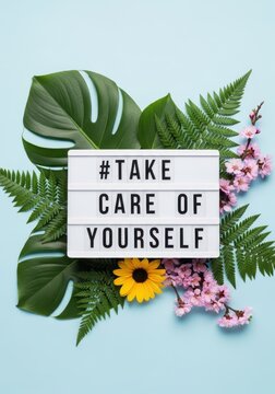 Take Care of Yourself Message on Lightbox with Tropical Leaves and Flowers on Blue Background for Wellness Concept