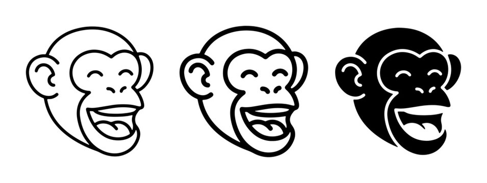 Three Monkey Faces Vector Icons, Laughing Chimpanzee Head Graphics, Playful Primate Emoticons for Digital Design