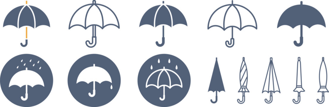 持ち手付きの雨が降る傘マークの丸いアイコンと開閉した傘の素材セット