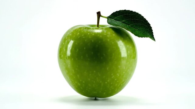 Single glossy green apple with stem and leaf isolated against a clean white background
