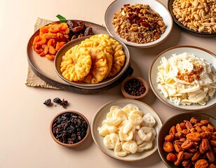 Fototapeta premium Assorted Traditional Indonesian Food on Plates with Clean Copy Space Background