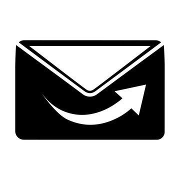 Black silhouette of an envelope with a curved arrow indicating sending or outgoing mail, envelope