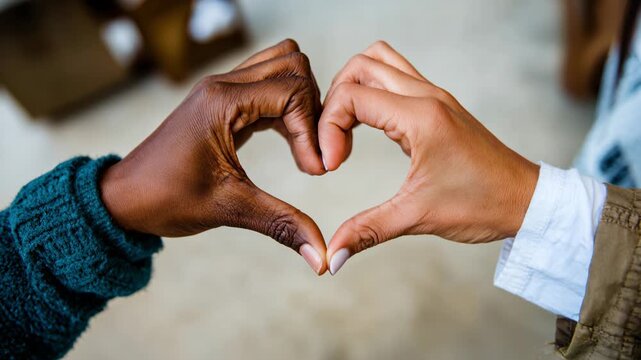 Diverse hands forming a heart shape, symbolizing unity and connection
