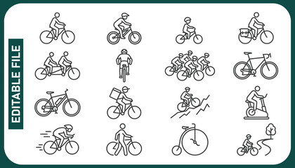 Bicycle, cyclists icons set. Bicycle ride, icon collection. Line with editable stroke © Minara