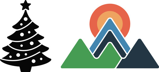 Obraz premium Christmas tree icon and stylized mountain landscape with sun vector illustration