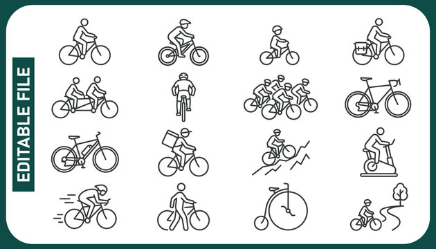 Bicycle, cyclists icons set. Bicycle ride, icon collection. Line with editable stroke