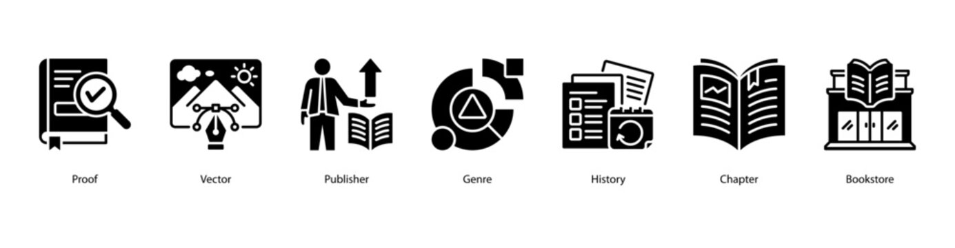 Publishing Process web banner icon vector illustration featuring Proof, Vector, Publisher, Genre, History, Chapter, and Bookstore.