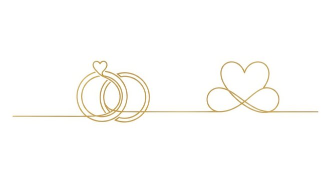 Elegant Gold Continuous Line Art of Interlocking Wedding Rings and Infinity Heart Symbol for Romantic Marriage Design