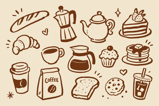Coffee and Bakery Breakfast Doodle Sketch Vector Illustration