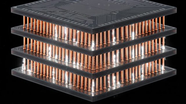 High Bandwidth Memory HBM3 Stack Cross-Section: Data Pulses Traveling Through Copper TSV Columns Between Stacked AI Chip Layers