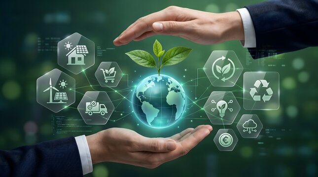 Business hands shielding green planet earth with growing plant and tech symbols