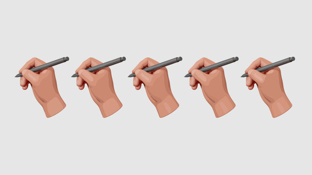 five sequential 3d renders of a human hand holding a pencil isolated on a light gray background