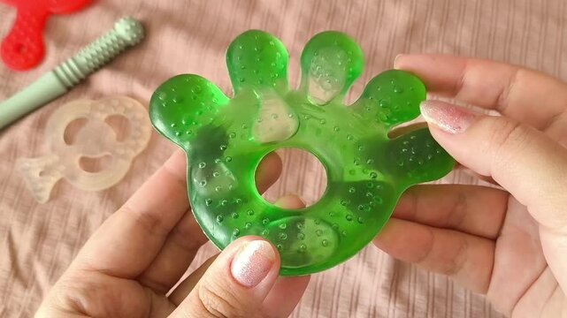 Teether with water inside for teeth for children in women's hands. Teething in babies