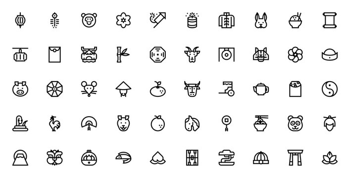 Chinese New Year icon set. Holiday vector icons pack. Minimalist line art collection. Featuring lantern, fireworks, monkey, flower, rabbit, dragon, envelope, bamboo, tiger, panda, lion, and more. Edit