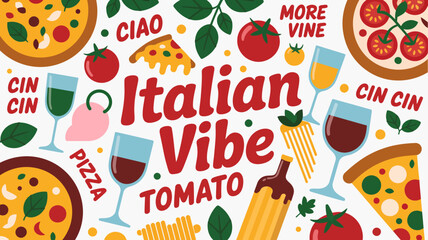 italian food illustration with pizza pasta wine and tomato elements in a vibrant pattern © Iconhub