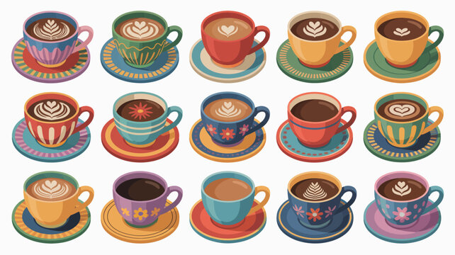collection of colorful coffee cups with latte art and saucers vector illustration