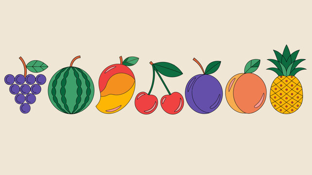 Colorful row of fruit illustration featuring grapes watermelon mango cherries plum peach and pineapple