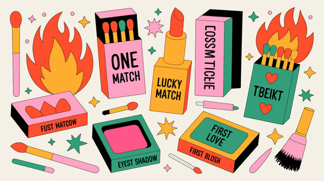 Colorful illustration of cosmetic products and matchboxes with whimsical star and flame accents