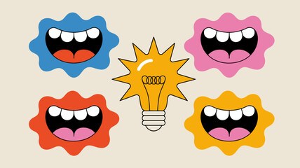 Obraz premium Colorful cartoon mouths surrounding a glowing light bulb illustration on a beige background
