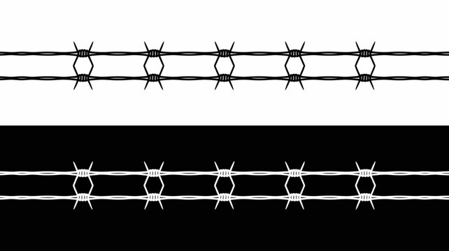 Barbed wire silhouette on white and black backgrounds security fencing with sharp barbs