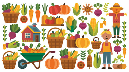 Fototapeta premium Colorful farm produce illustration featuring vegetables fruits a barn and garden elements on a white background