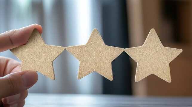 A hand holding three wooden stars, showcasing their natural grain texture and light brown color, against a softly blurred interior background, representing a moderate rating.
