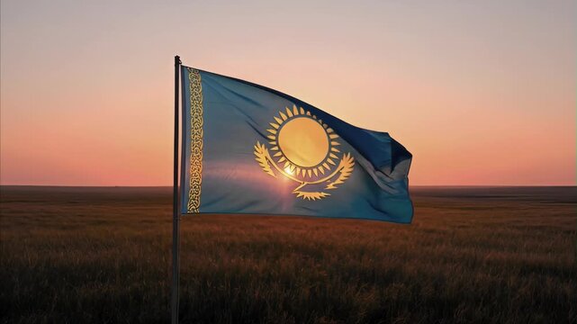 Flag of Kazakhstan waving against vibrant sunset sky over expansive golden field, symbolizing national pride, independence, and beauty of steppe landscape.