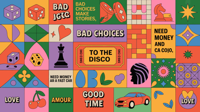 colorful collage featuring dice chess pieces hearts and retro objects in a geometric arrangement