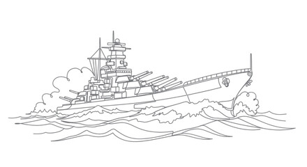 Battleship sailing through rough seas, line art illustration © budi
