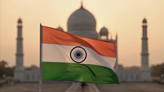 Indian flag waving against golden light of sunset, silhouette of Taj Mahal landmark temple structure and minarets in background, cultural heritage monument.