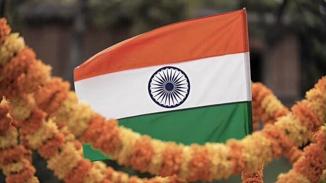 Vibrant Indian flag proudly displayed amidst festive orange and yellow marigold garlands, representing national pride and celebration for important national day outdoors
