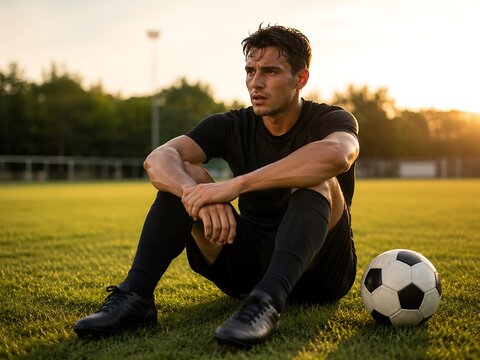 Young soccer player resting on field after training session
