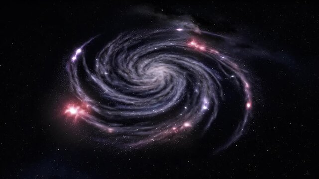 Dynamic spiral galaxy luminous stellar formations. Vibrant nebulae, dark deep space. Rotating celestial body. Abstract art background cosmic wonder.