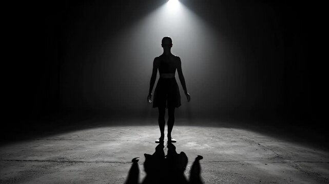 Female dancer performing dynamic ballet split jump in mid air against bright spotlight, dramatic silhouette movement of grace and athleticism on stage with strong shadow