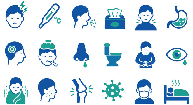 Illness and Discomfort Icons: A collection of graphic icons visually representing various symptoms and conditions associated with sickness and illness, including fever, cough, and stomachache.