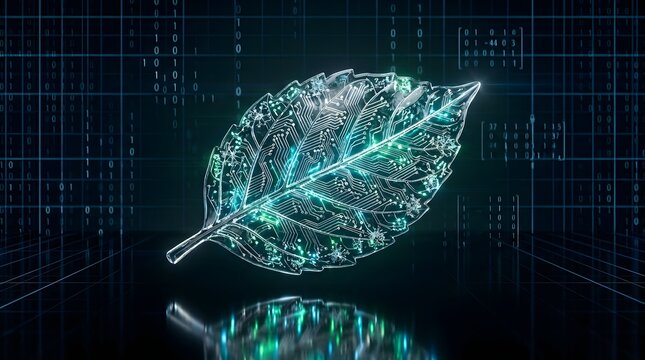 A glowing digital leaf merges with binary code, symbolizing technological nature.