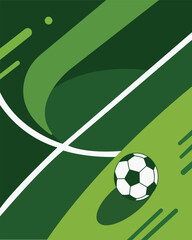 Abstract Soccer Field: A minimalist illustration featuring a soccer ball on a stylized green field with white lines, evoking the dynamic energy of the sport. © Gwith Boss