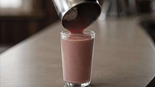 Pink frothy liquid pouring from metal container into clear drinking glass on light countertop filling up volume with rich creamy beverage for refreshment and healthy drink preparation activity